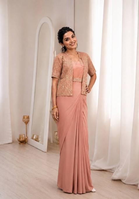 Peach Embroidered Silk Saree Set