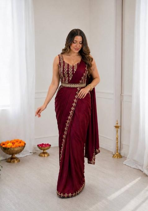 Maroon Embroidered Silk Blend Saree Set