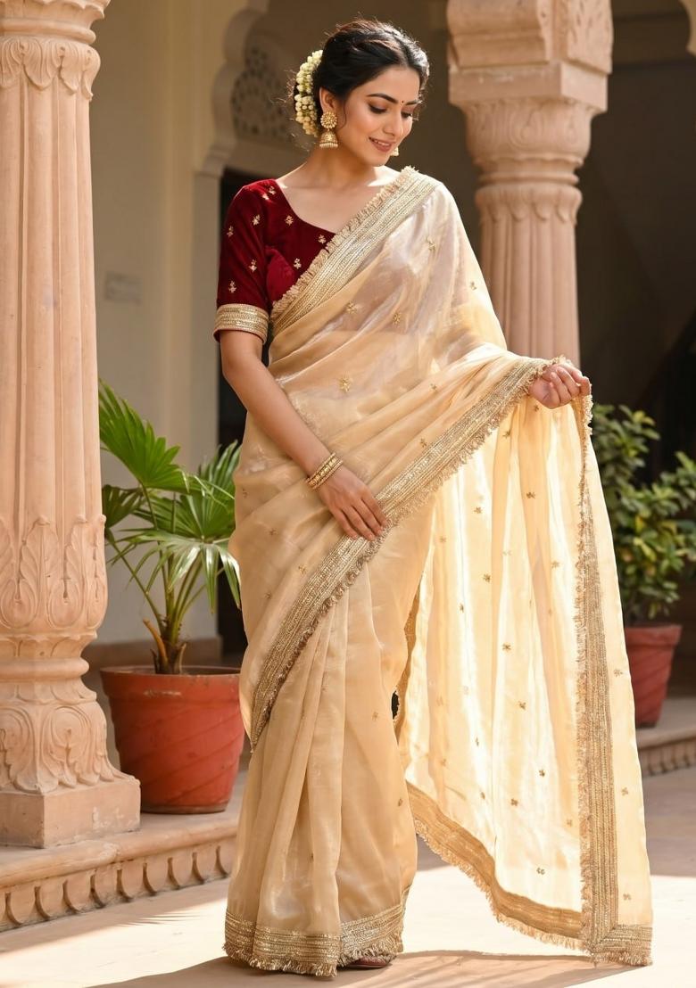 Cream Sequin Work Fandi Saree Set - Indya