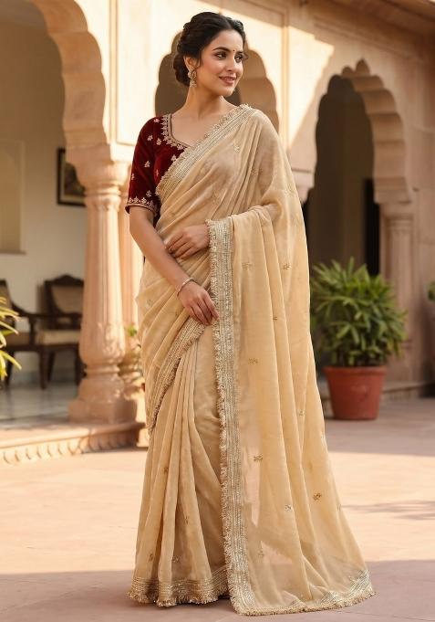 Cream Sequin Work Fandi Saree Set