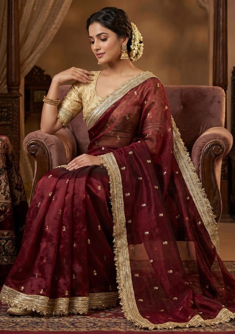 Maroon Sequin Work Fandi Saree Set - Indya