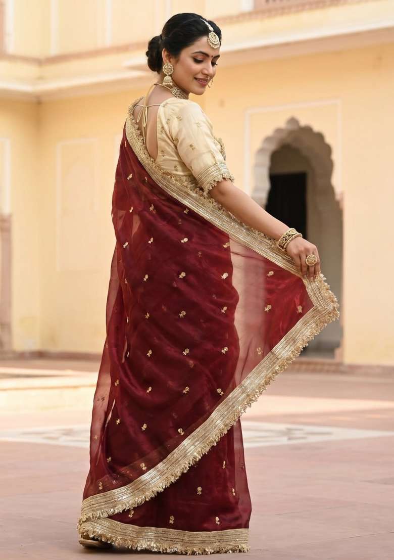 Maroon Sequin Work Fandi Saree Set - Indya
