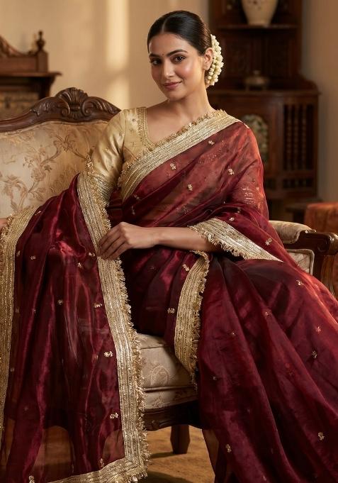 Maroon Sequin Work Fandi Saree Set