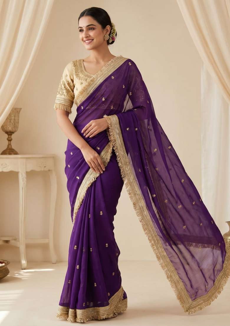 Purple Sequin Work Fandi Saree Set - Indya