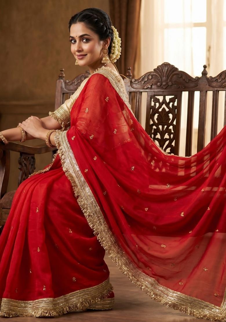 Red Sequin Work Fandi Saree Set - Indya