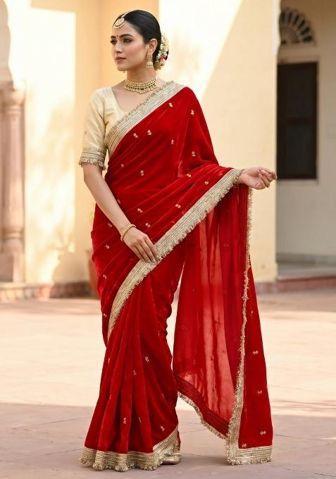 Red Sequin Work Fandi Saree Set