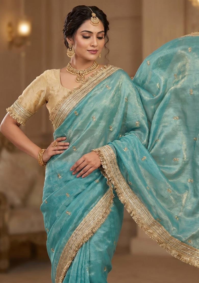 Sky Blue Sequin Work Fandi Saree Set - Indya
