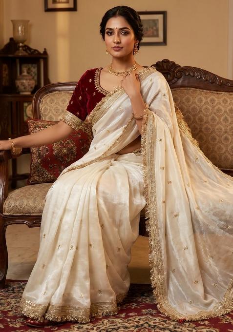 White Sequin Work Fandi Saree Set