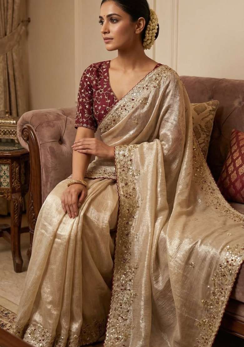 Cream Sequin Work Satin Saree Set - Indya
