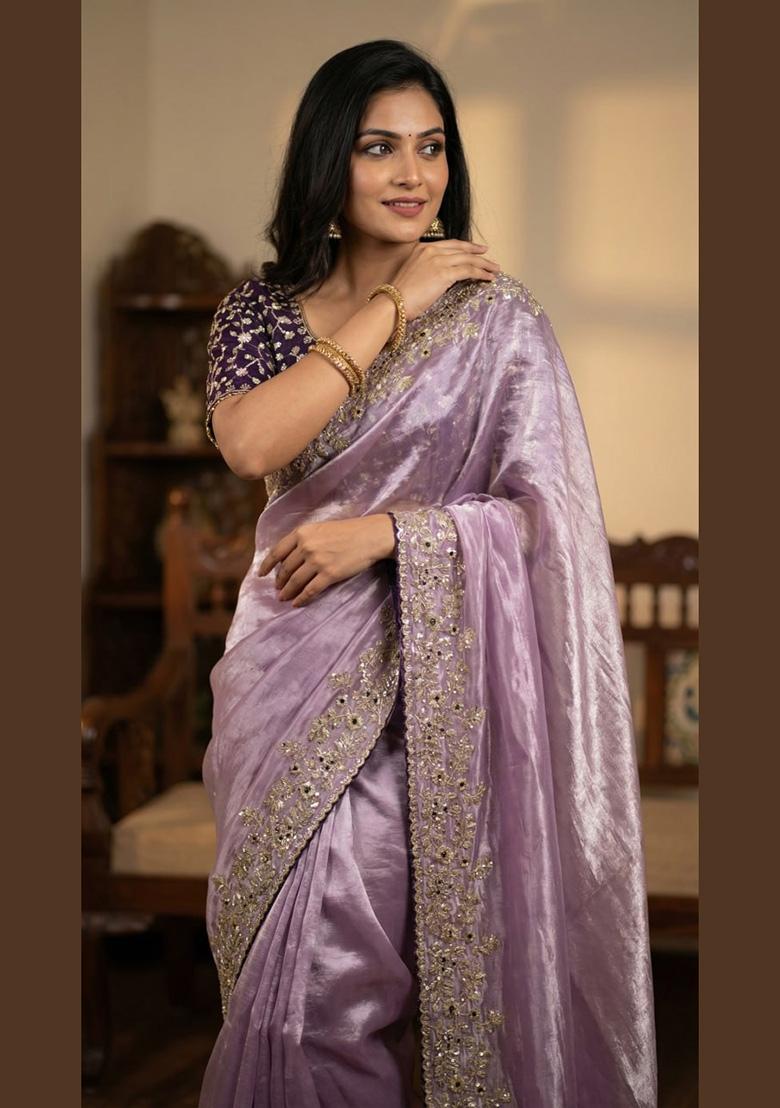 Lavender Sequin Work Satin Saree Set - Indya