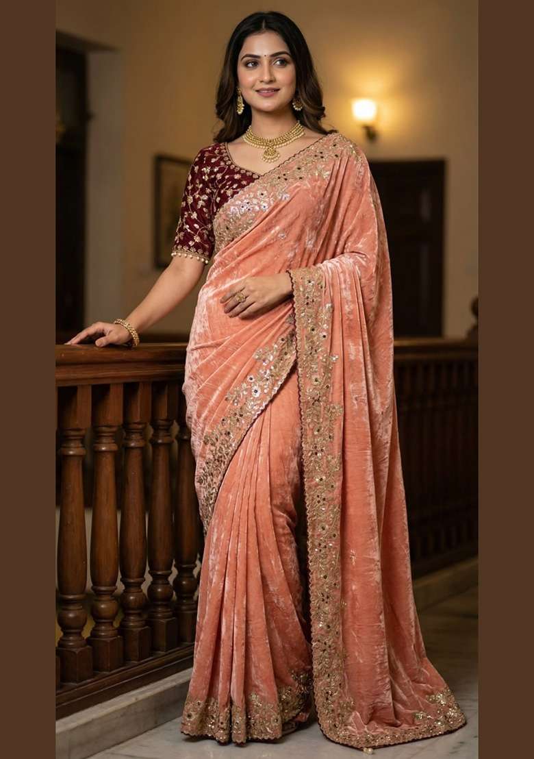 Maroon Sequin Work Satin Saree Set - Indya