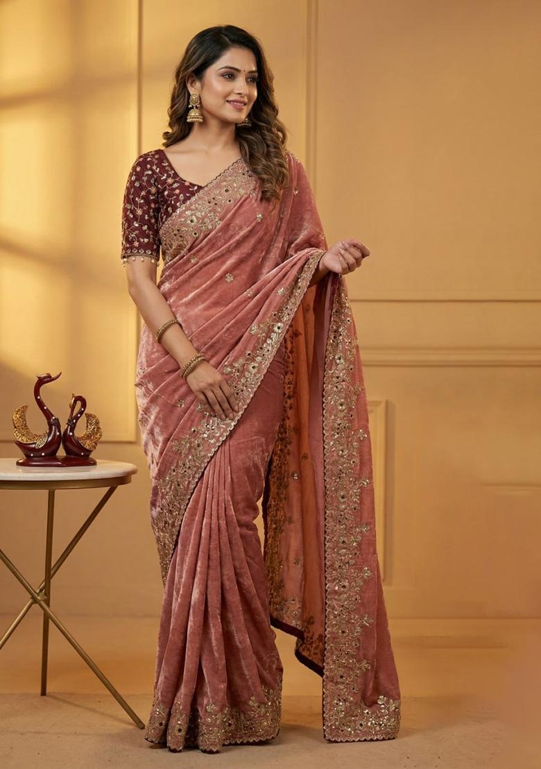 Maroon Sequin Work Satin Saree Set - Indya