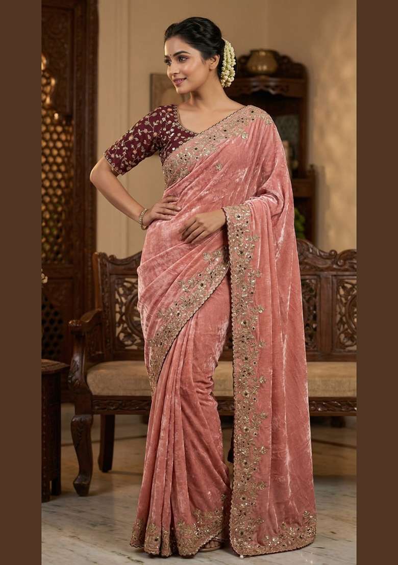 Maroon Sequin Work Satin Saree Set - Indya