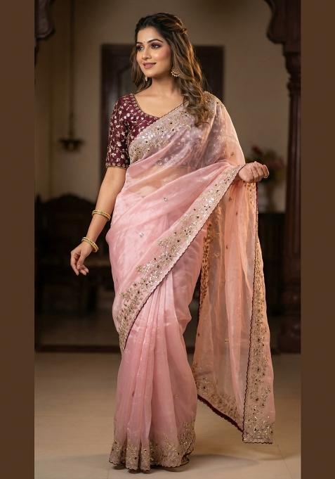Peach Sequin Work Satin Saree Set