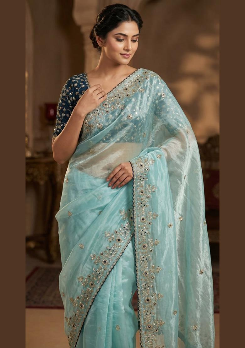 Sky Blue Sequin Work Satin Saree Set - Indya