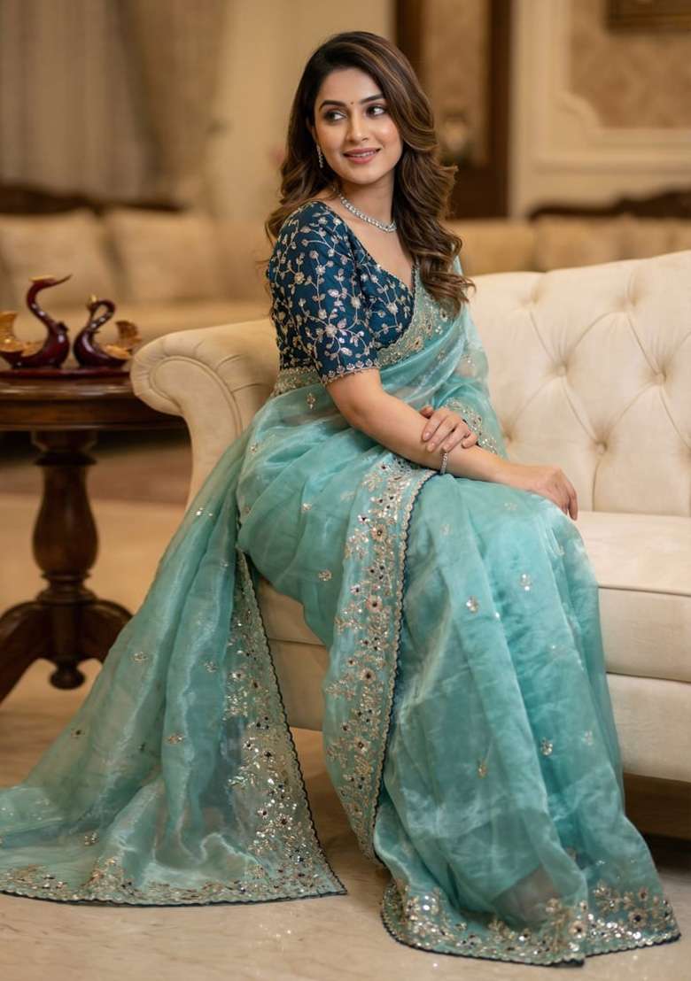 Sky Blue Sequin Work Satin Saree Set - Indya