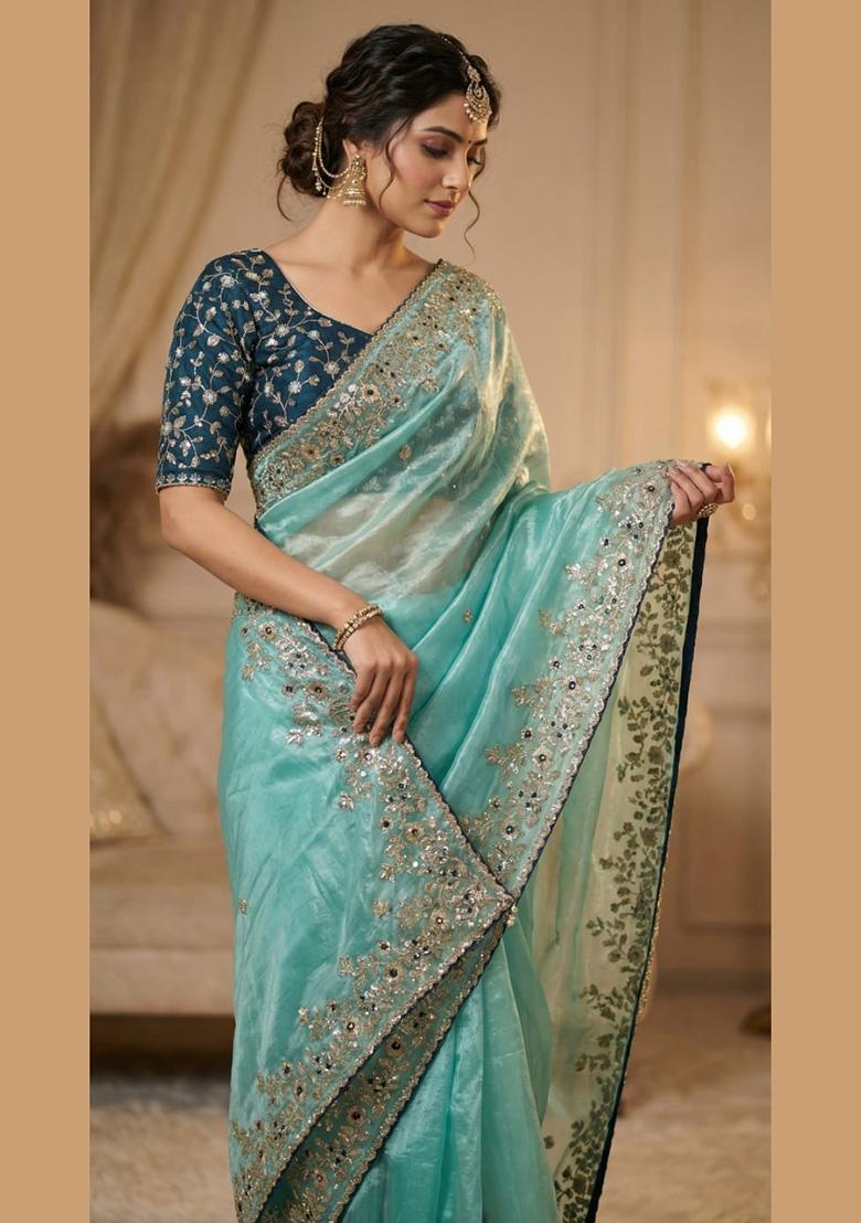 Sky Blue Sequin Work Satin Saree Set - Indya
