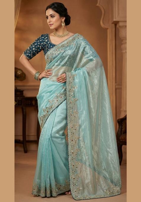 Sky Blue Sequin Work Satin Saree Set