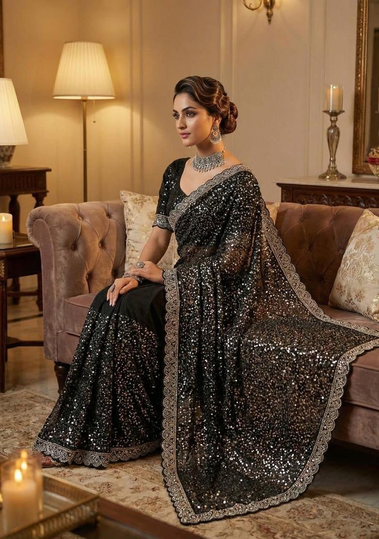 Black Beads Work Net Saree Set - Indya