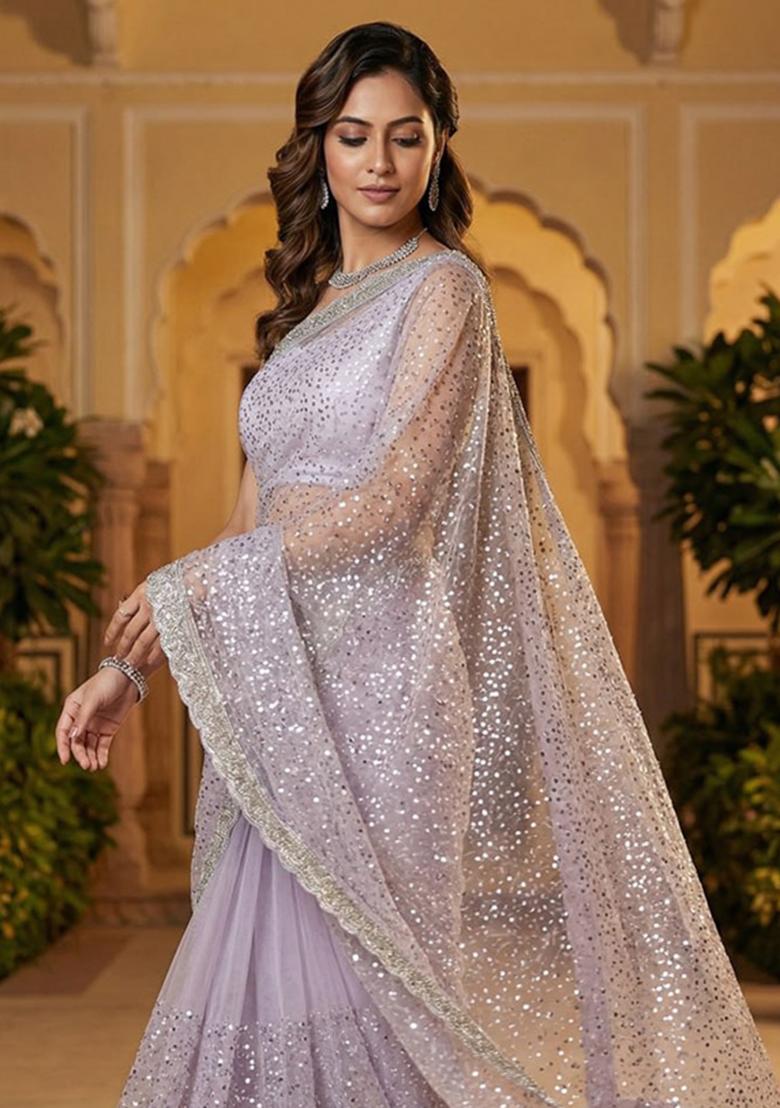 Lavender Beads Work Net Saree Set - Indya