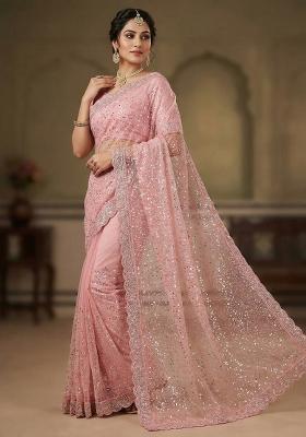 Peach Beads Work Net Saree Set