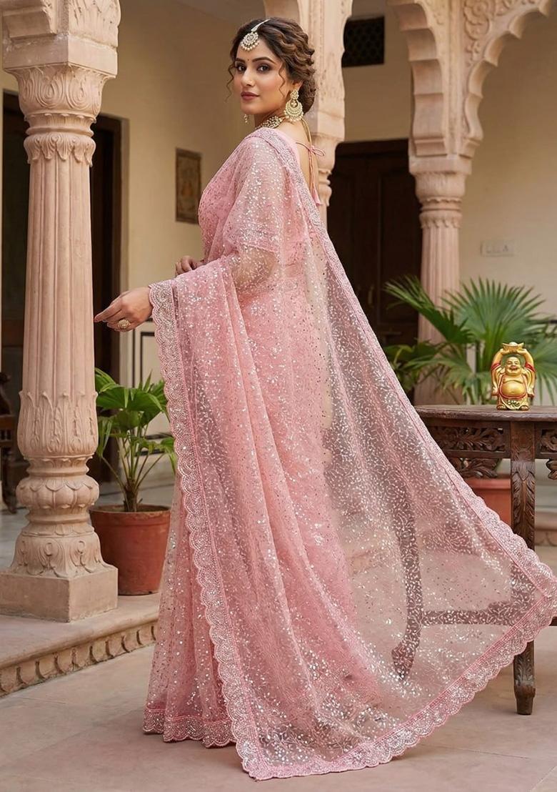 Peach Beads Work Net Saree Set - Indya