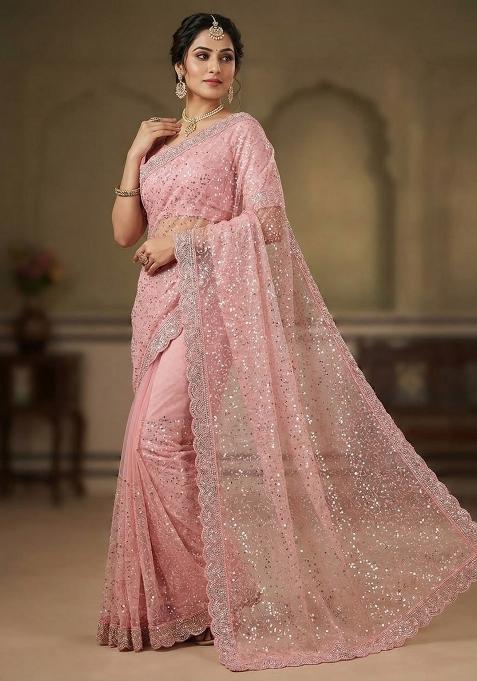 Peach Beads Work Net Saree Set