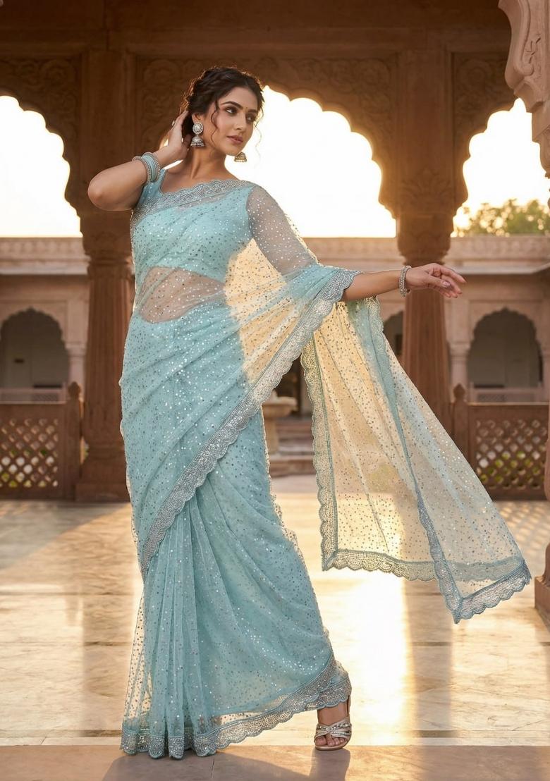 Sky Blue Beads Work Net Saree Set - Indya