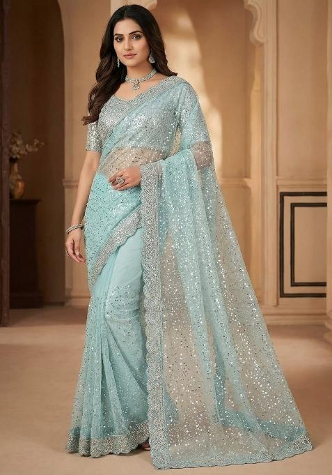 Sky Blue Beads Work Net Saree Set