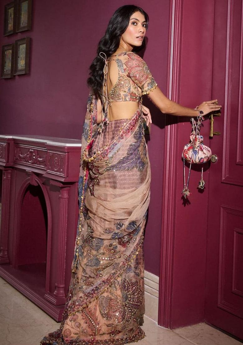 Peach Embroidered Georgette Saree Set - Indya