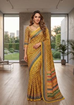 Yellow Printed Chinon Saree Set