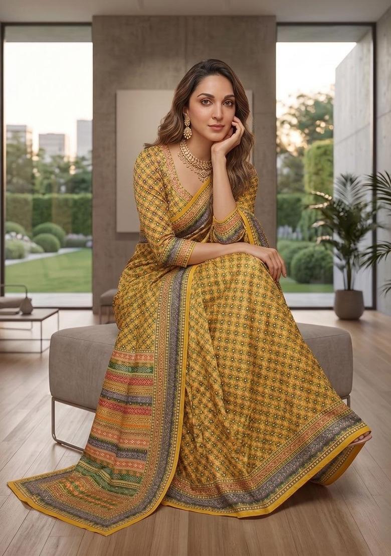 Yellow Printed Chinon Saree Set - Indya