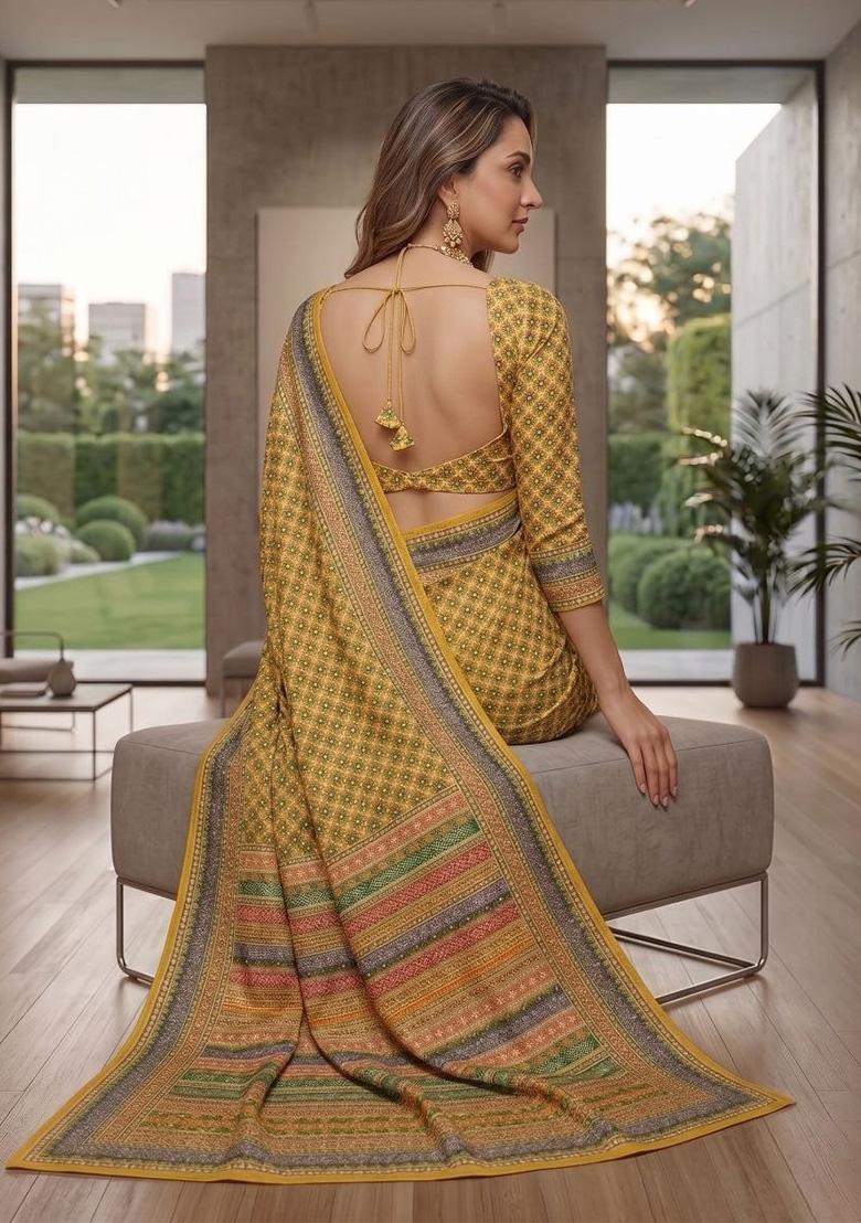 Yellow Printed Chinon Saree Set - Indya
