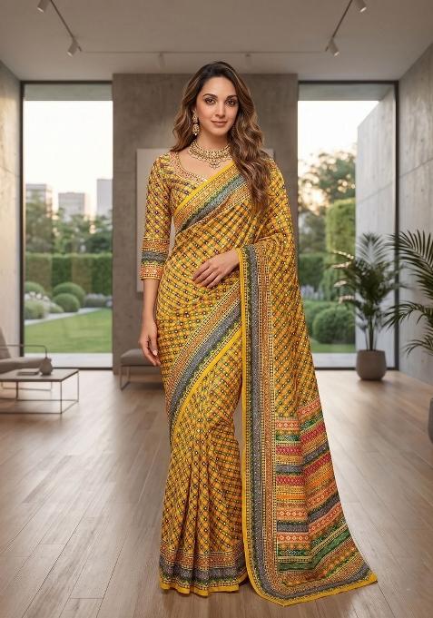 Yellow Printed Chinon Saree Set