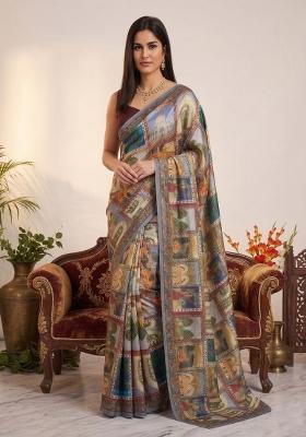Multicolor Printed Chinon Saree Set