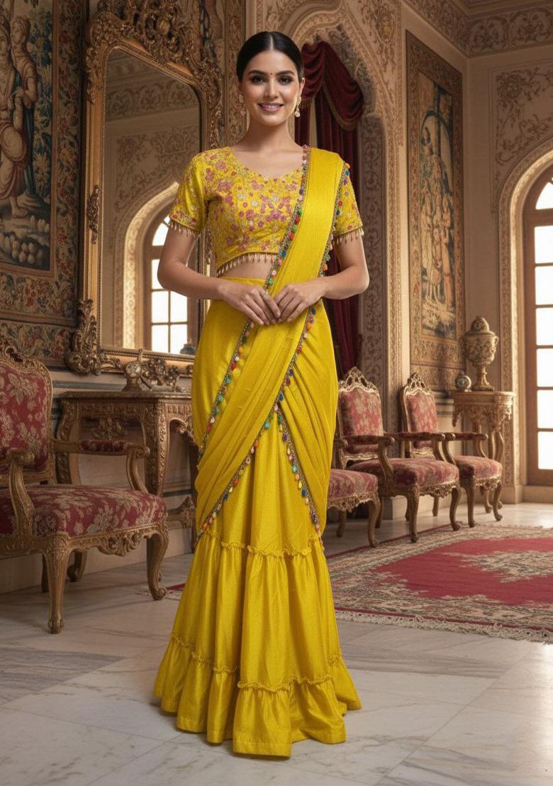 Yellow Embroidered Chinon Saree Set - Indya