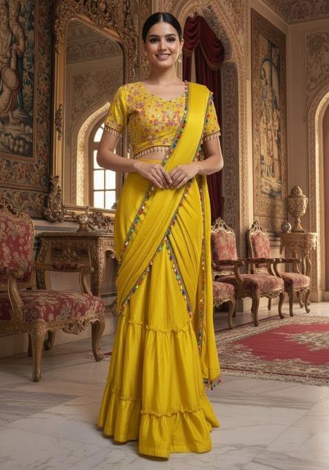 Yellow Embroidered Chinon Saree Set