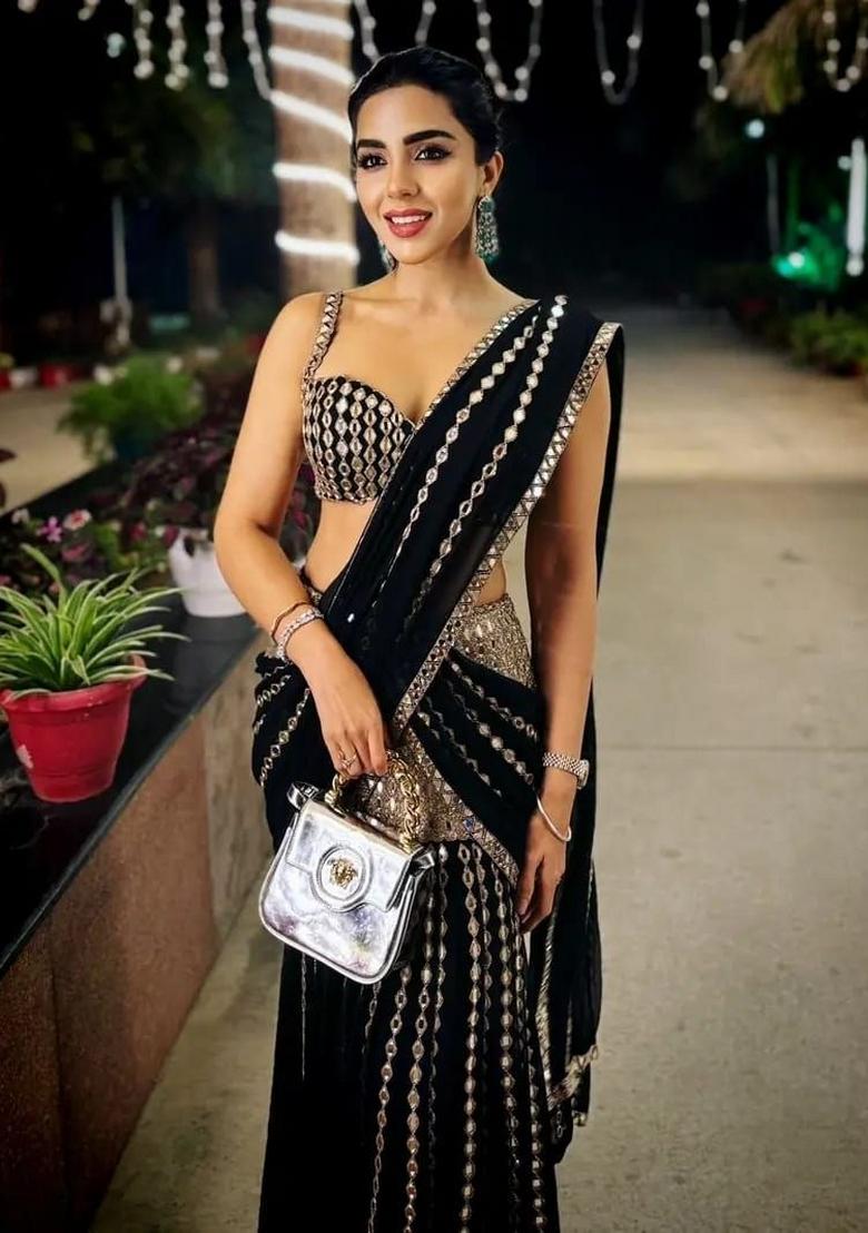 Black Silver Embellished Georgette Saree Set - Indya