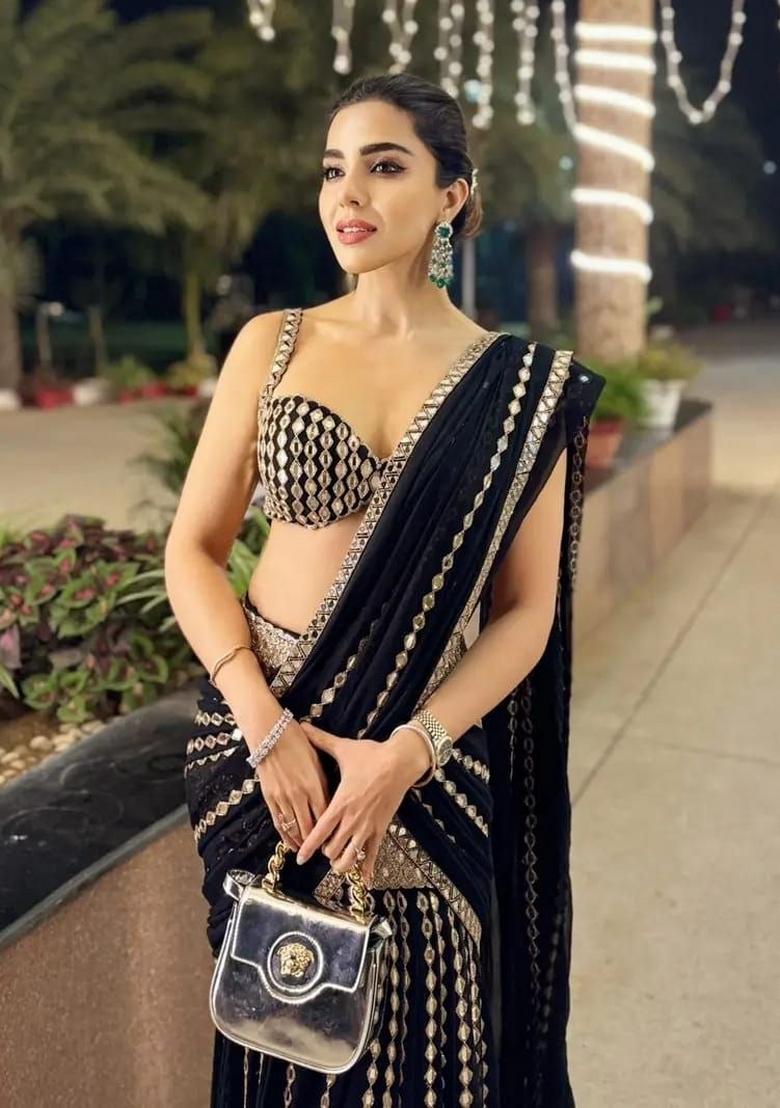 Black Silver Embellished Georgette Saree Set - Indya