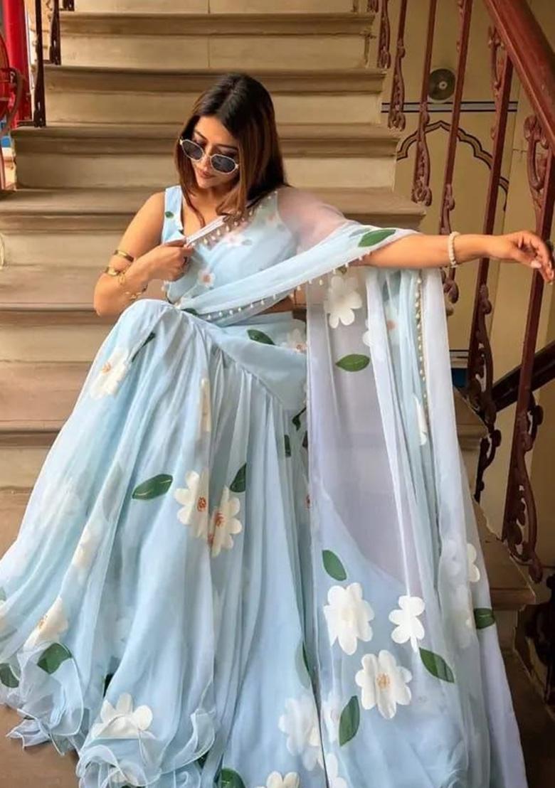 Sky Blue Lace Work Georgette Saree Set - Indya