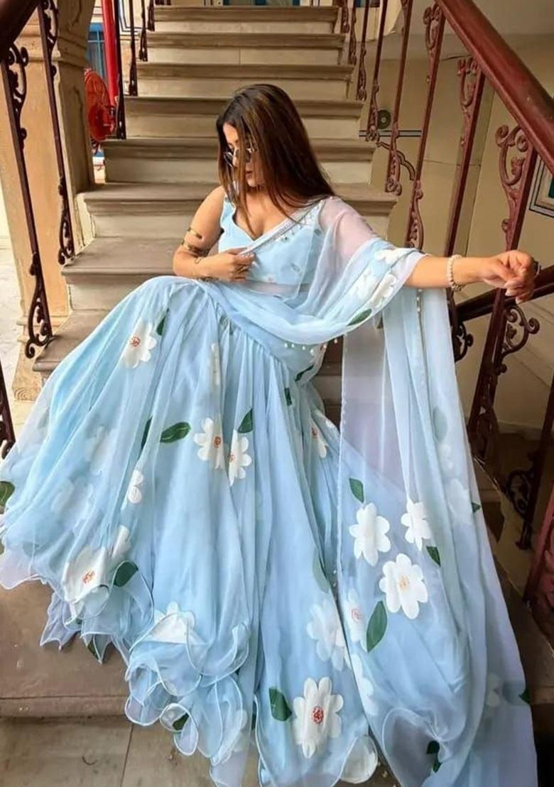 Sky Blue Lace Work Georgette Saree Set - Indya