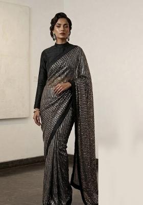 Black Silver Sequin Work Georgette Saree Set