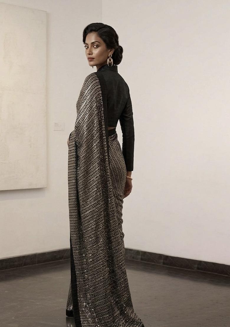 Black Silver Sequin Work Georgette Saree Set - Indya