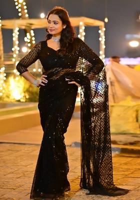 Black Thread Work Net Saree Set