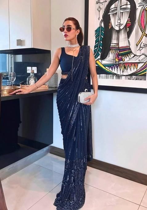 Blue Sequin Work Georgette Saree Set