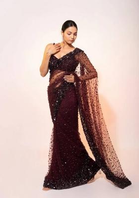 Brown Sequin Work Net Saree Set