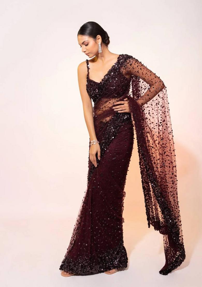Brown Sequin Work Net Saree Set - Indya