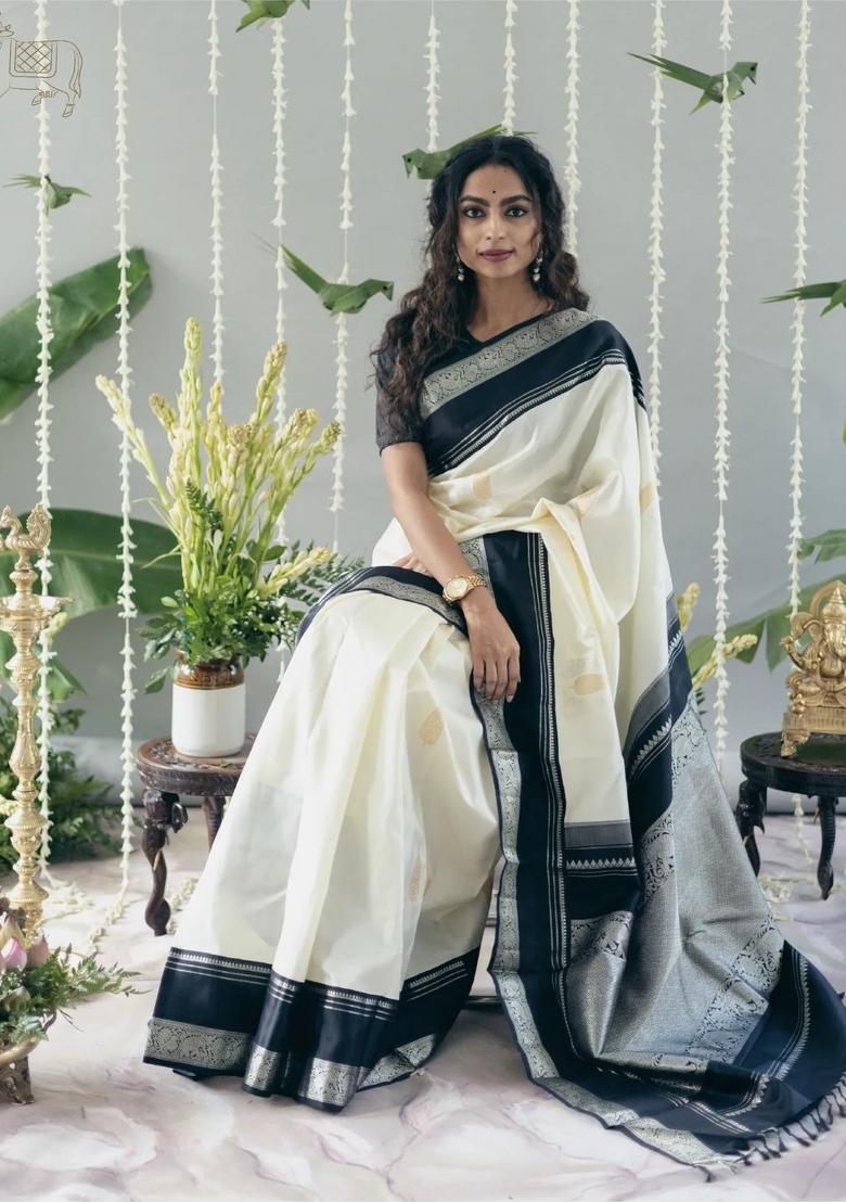 Cream Printed Silk Blend Saree Set - Indya
