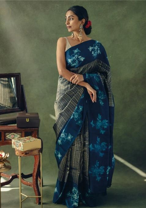 Multicolor Printed Silk Blend Saree Set