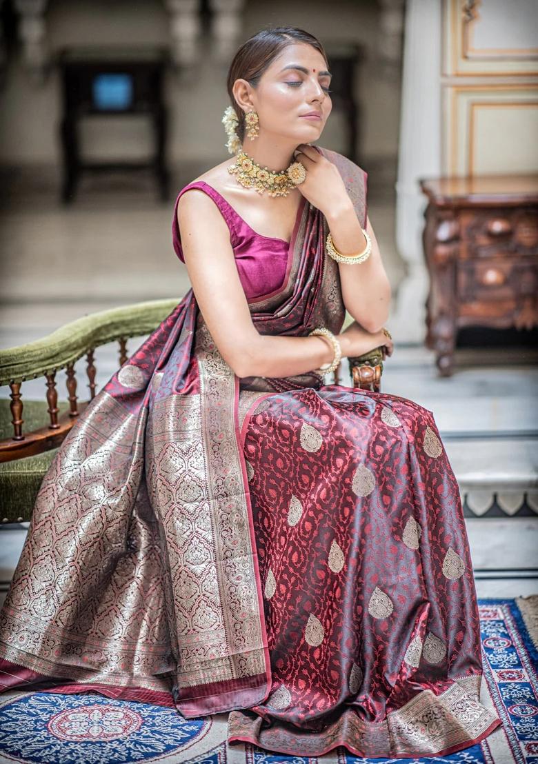 Maroon Printed Silk Blend Saree Set - Indya